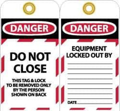 NMC - 3" High x 6" Long, DO NOT CLOSE, English Safety & Facility Lockout Tag - Tag Header: Danger, 2 Sides, Black, Red & White Unrippable Vinyl - Top Tool & Supply