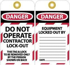 NMC - 3" High x 6" Long, DO NOT OPERATE CONTRATOR LOCK OUT, English Safety & Facility Lockout Tag - Tag Header: Danger, 2 Sides, Black, Red & White Unrippable Vinyl - Top Tool & Supply