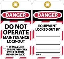 NMC - 3" High x 6" Long, DO NOT OPERATE MAINTENANCE LOCKOUT, English Safety & Facility Lockout Tag - Tag Header: Danger, 2 Sides, Black, Red & White Unrippable Vinyl - Top Tool & Supply