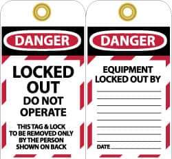 NMC - 3" High x 6" Long, LOCKED OUT - DO NOT OPERATE, English Safety & Facility Lockout Tag - Tag Header: Danger, 2 Sides, Black, Red & White Unrippable Vinyl - Top Tool & Supply