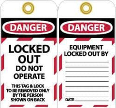 NMC - 3" High x 6" Long, LOCKED OUT - DO NOT OPERATE, English Safety & Facility Lockout Tag - Tag Header: Danger, 2 Sides, Black, Red & White Unrippable Vinyl - Top Tool & Supply