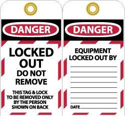 NMC - 3" High x 6" Long, LOCKED OUT - DO NOT REMOVE, English Safety & Facility Lockout Tag - Tag Header: Danger, 2 Sides, Black, Red & White Unrippable Vinyl - Top Tool & Supply