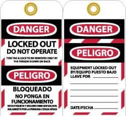 NMC - 3" High x 6" Long, DANGER - LOCKED OUT - DO NOT OPERATE - THIS TAG & LOCK TO BE REMOVED ONLY BY THE PERSON SHOWN ON BACK, English & Spanish Safety & Facility Lockout Tag - Tag Header: Danger, 2 Sides, Black, Red & White Vinyl - Top Tool & Supply