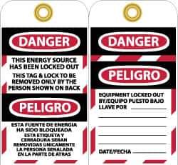 NMC - 3" High x 6" Long, DANGER - THIS ENERGY SOURCE HAS BEEN LOCKED OUT - THIS TAB & LOCK TO BE REMOVED ONLY BY THE PERSON SHOWN ON BACK, English & Spanish Safety & Facility Lockout Tag - Tag Header: Danger, 2 Sides, Black, Red & White Vinyl - Top Tool & Supply