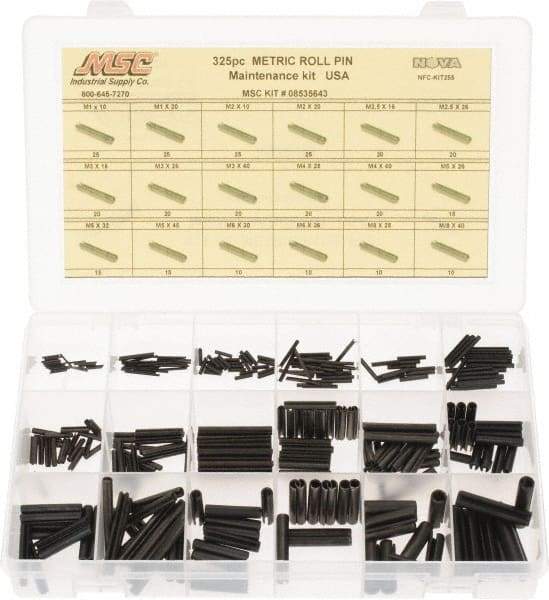 Made in USA - 325 Piece, M1 to M8 Pin Diam, Spring Pin Assortment - 10 to 40mm Long, Steel - Top Tool & Supply