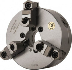 Bison - 3 Jaws, 6" Diam, Self Centering Manual Lathe Chuck - Plain Back Mount Spindle, Reversible, 4,500 Max RPM, 1.6535" Through Hole Diam, 0.0014" Axial Runout, 0.0012" Radial Runout, Forged Steel - Top Tool & Supply