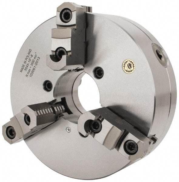 Bison - 3 Jaws, 10" Diam, Self Centering Manual Lathe Chuck - D1-8 Mount Spindle, Reversible, 3,500 Max RPM, 2.9921" Through Hole Diam, 0.001" Axial Runout, 0.0016" Radial Runout, Forged Steel - Top Tool & Supply