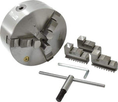 Bison - 3 Jaws, 8" Diam, Self Centering Manual Lathe Chuck - Plain Back Mount Spindle, 2,500 Max RPM, 2.1653" Through Hole Diam, 0.001" Axial Runout, 0.0016" Radial Runout, Cast Iron - Top Tool & Supply