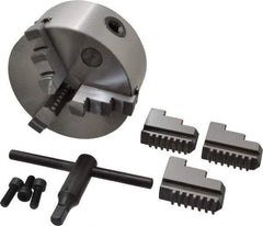 Interstate - 3 Jaws, 5" Diam, Self Centering Manual Lathe Chuck - Plain Back Mount Spindle, 1.1811" Through Hole Diam, 0.003" Axial Runout, Cast Iron - Top Tool & Supply