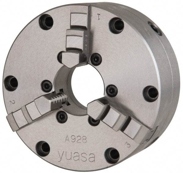 Yuasa - 3 Jaws, 4" Diam, Self Centering Manual Lathe Chuck - Plain Back Mount Spindle, Adjustable, 1.2598" Through Hole Diam, 0.0005" Axial Runout, Cast Iron - Top Tool & Supply