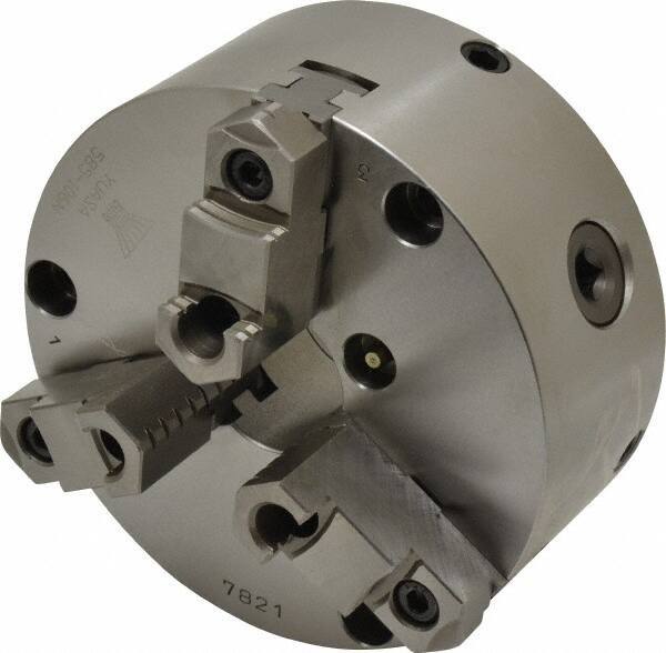 Yuasa - 3 Jaws, 6" Diam, Self Centering Manual Lathe Chuck - Plain Back Mount Spindle, Adjustable, Reversible, 1.7323" Through Hole Diam, 0.0005" Axial Runout, Cast Iron - Top Tool & Supply