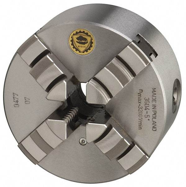 Bison - 4 Jaws, 8" Diam, Self Centering Manual Lathe Chuck - Plain Back Mount Spindle, 2,500 Max RPM, 2.1654" Through Hole Diam, 0.001" Axial Runout, 0.0016" Radial Runout, Cast Iron - Top Tool & Supply