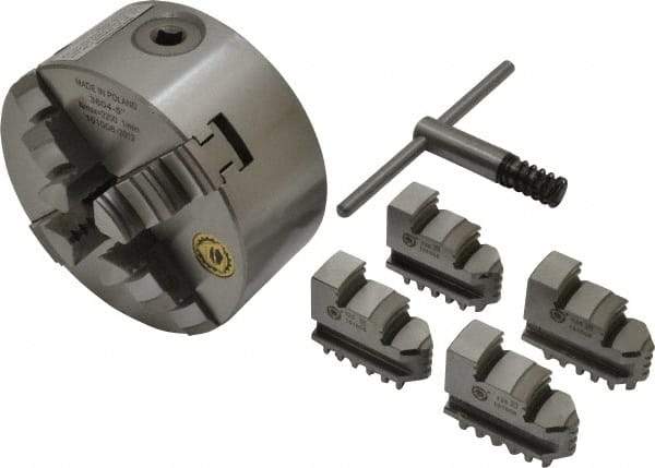 Bison - 4 Jaws, 5" Diam, Self Centering Manual Lathe Chuck - Plain Back Mount Spindle, 3,200 Max RPM, 9.921" Through Hole Diam, 0.0008" Axial Runout, 0.0012" Radial Runout, Cast Iron - Top Tool & Supply