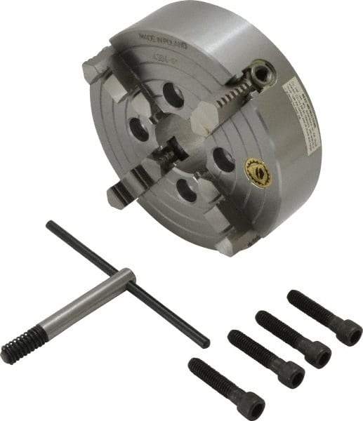 Bison - 4 Jaws, 6" Diam, Independent Manual Lathe Chuck - Plain Back Mount Spindle, Reversible, 3,200 Max RPM, 1.6535" Through Hole Diam, Cast Iron - Top Tool & Supply