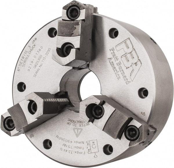 Pratt Burnerd America - 3 Jaws, 6" Diam, Self Centering Manual Lathe Chuck - Plain Back Mount Spindle, Adjustable, Reversible, 4,900 Max RPM, 1.81" Through Hole Diam, Forged Steel - Top Tool & Supply