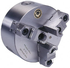 Bison - 3 Jaws, 8" Diam, Self Centering Manual Lathe Chuck - Plain Back Mount Spindle, Reversible, 4,000 Max RPM, 2.1654" Through Hole Diam, 0.0018" Axial Runout, 0.0016" Radial Runout, Forged Steel - Top Tool & Supply