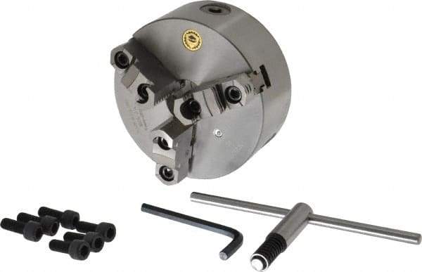 Bison - 3 Jaws, 6" Diam, Self Centering Manual Lathe Chuck - Plain Back Mount Spindle, Reversible, 3,000 Max RPM, 1.6535" Through Hole Diam, 0.0008" Axial Runout, 0.0012" Radial Runout, Cast Iron - Top Tool & Supply