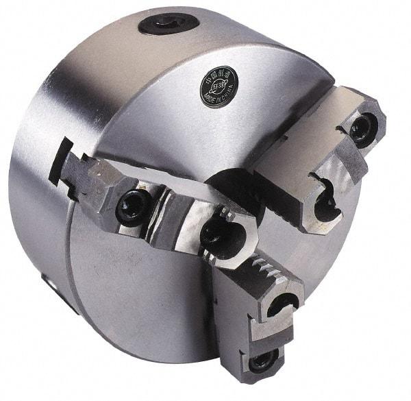 Interstate - 3 Jaws, 10" Diam, Self Centering Manual Lathe Chuck - Plain Back Mount Spindle, Reversible, 3.1496" Through Hole Diam, 0.003" Axial Runout, Cast Iron - Top Tool & Supply