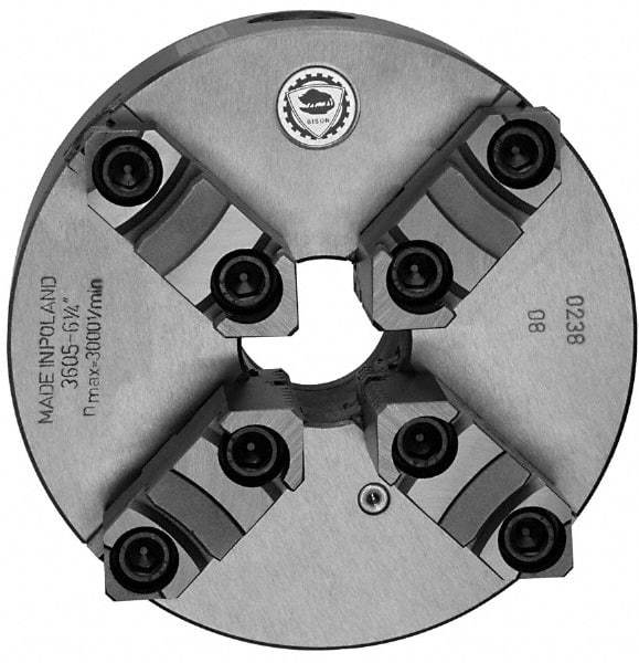 Bison - 4 Jaws, 16" Diam, Self Centering Manual Lathe Chuck - Plain Back Mount Spindle, Reversible, 1,000 Max RPM, 5.3543" Through Hole Diam, 0.0012" Axial Runout, 0.0024" Radial Runout, Cast Iron - Top Tool & Supply