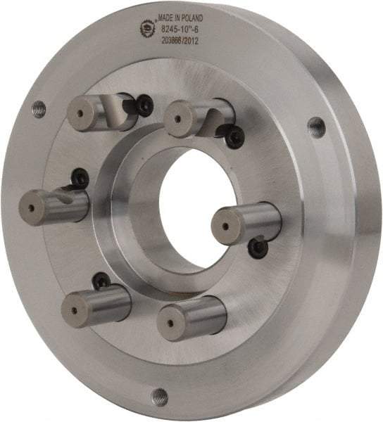 Bison - Adapter Back Plate for 10" Diam Self Centering Lathe Chucks - D1-6 Mount, 2.922" Through Hole Diam, 5.708mm ID, 9.84" OD, 1.34" Flange Height, Steel - Top Tool & Supply