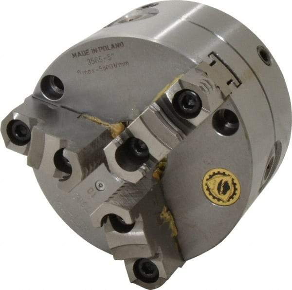 Bison - 3 Jaws, 5" Diam, Self Centering Manual Lathe Chuck - Front Mount, Adjustable, Reversible, 3,800 Max RPM, 1.378" Through Hole Diam, Forged Steel - Top Tool & Supply