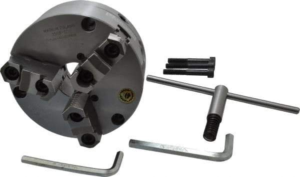 Bison - 3 Jaws, 6" Diam, Self Centering Manual Lathe Chuck - Front Mount, Adjustable, Reversible, 3,500 Max RPM, 1.654" Through Hole Diam, Forged Steel - Top Tool & Supply