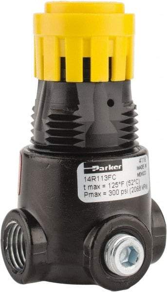 Parker - 1/4 NPT Port, 15 CFM, Zinc Miniature Regulator - 2 to 125 psi Range, 300 Max psi Supply Pressure, 1/8" Gauge Port Thread, 1.65" Wide x 2.88" High - Top Tool & Supply