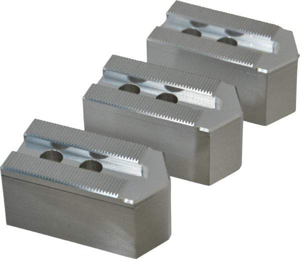 Masterman & Kovil - 6" Chuck Capacity, 1.5mm x 60° Serrated Attachment, Square Soft Lathe Chuck Jaw - 3 Jaws, Aluminum, 0.787" Btw Mount Hole Ctrs, 3mm Long x 1-1/2" Wide x 1-1/2" High, 0.473" Groove, 10mm Fastener - Top Tool & Supply