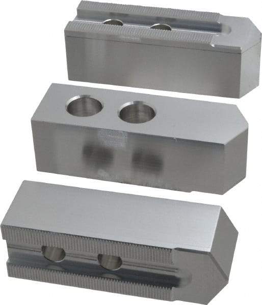 Masterman & Kovil - 10" Chuck Capacity, 1.5mm x 60° Serrated Attachment, Square Soft Lathe Chuck Jaw - 3 Jaws, Aluminum, 1.181" Btw Mount Hole Ctrs, 4.6mm Long x 1-1/2" Wide x 1-1/2" High, 0.63" Groove, 12mm Fastener - Top Tool & Supply