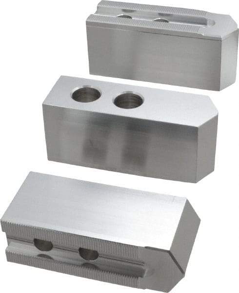 Masterman & Kovil - 10" Chuck Capacity, 1.5mm x 60° Serrated Attachment, Square Soft Lathe Chuck Jaw - 3 Jaws, Aluminum, 1.181" Btw Mount Hole Ctrs, 4.6mm Long x 1-1/2" Wide x 2" High, 0.63" Groove, 12mm Fastener - Top Tool & Supply