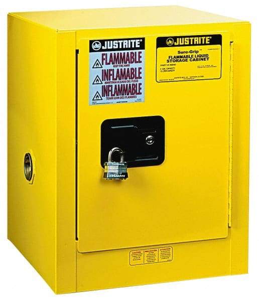 Justrite - 1 Door, 1 Shelf, Yellow Steel Bench Top Safety Cabinet for Flammable and Combustible Liquids - 22" High x 17" Wide x 17" Deep, Manual Closing Door, 4 Gal Capacity - Top Tool & Supply