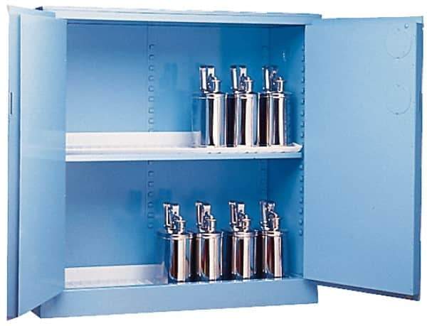 Justrite - 2 Door, 2 Shelf, Blue Steel Standard Safety Cabinet for Corrosive Chemicals - 65" High x 34" Wide x 34" Deep, Manual Closing Door, 3 Point Key Lock, 60 Gal Capacity - Top Tool & Supply