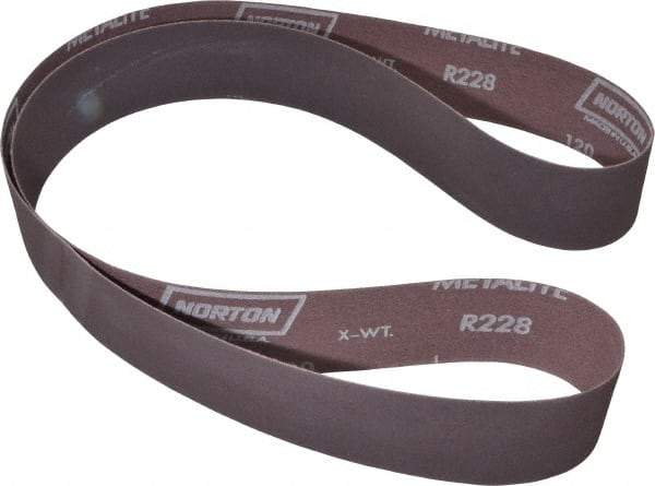 Norton - 2" Wide x 60" OAL, 120 Grit, Aluminum Oxide Abrasive Belt - Aluminum Oxide, Fine, Coated, X Weighted Cloth Backing, Series R228 - Top Tool & Supply