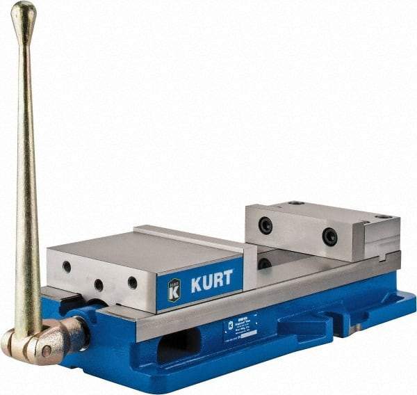 Kurt - 8" Jaw Width, 10" Jaw Opening Capacity, Horizontal Stationary Machine Vise - Manual Operation, 11,596 Lb Capacity, 1 Station, 24.185" Long x 5.51" High x 2-13/64" Deep, 2.2" Jaw Height, 80,000 psi Max Clamp Force, Ductile Iron - Top Tool & Supply