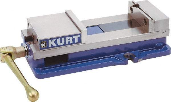 Kurt - 10" Jaw Width, 9-3/4" Jaw Opening Capacity, Horizontal Stationary Machine Vise - Manual Operation, 26,277 Lb Capacity, 1 Station, 29.19" Long x 6-13/16" High x 2-15/16" Deep, 2-1/2" Jaw Height, 80,000 psi Max Clamp Force, Ductile Iron - Top Tool & Supply