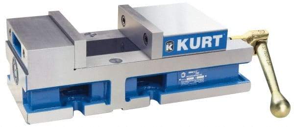 Kurt - 6" Jaw Width, 4" Jaw Opening Capacity, Horizontal Stationary Machine Vise - Manual Operation, 6,356 Lb Capacity, 1 Station, 14.88" Long x 4.6720" High x 1-31/64" Deep, 1.735" Jaw Height, 80 Lb Max Clamp Force - Top Tool & Supply