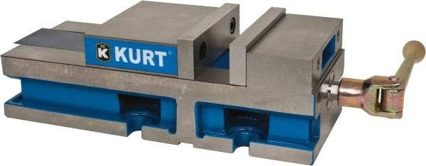 Kurt - 6" Jaw Width, 6" Jaw Opening Capacity, Horizontal Stationary Machine Vise - Reverse Manual Operation, 6,356 Lb Capacity, 1 Station, 17" Long x 4.6720" High x 1-31/64" Deep, 1.735" Jaw Height, 80 Lb Max Clamp Force - Top Tool & Supply