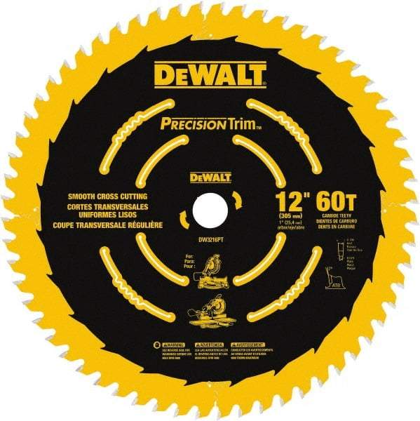 DeWALT - 12" Diam, 1" Arbor Hole Diam, 60 Tooth Wet & Dry Cut Saw Blade - Carbide-Tipped, Crosscut & Smooth Action, Standard Round Arbor - Top Tool & Supply