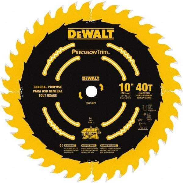 DeWALT - 10" Diam, 5/8" Arbor Hole Diam, 40 Tooth Wet & Dry Cut Saw Blade - Carbide-Tipped, General Purpose Action, Standard Round Arbor - Top Tool & Supply