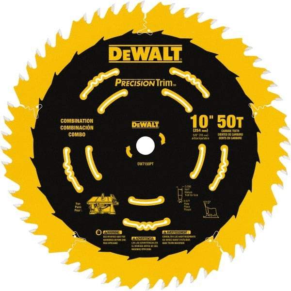 DeWALT - 10" Diam, 5/8" Arbor Hole Diam, 50 Tooth Wet & Dry Cut Saw Blade - Carbide-Tipped, Combination Action, Standard Round Arbor - Top Tool & Supply