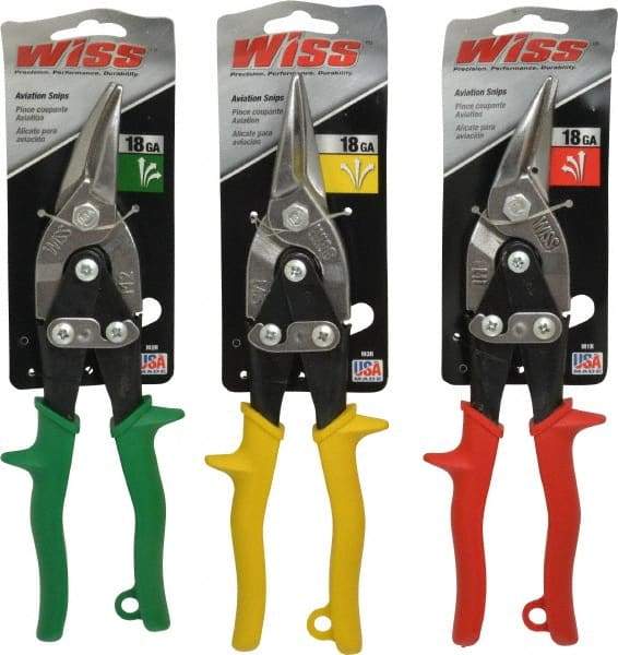 Wiss - 3 Piece Aviation Snip Set - Left, Right, Straight, 9-3/4" OAL, 1-3/8" LOC - Top Tool & Supply