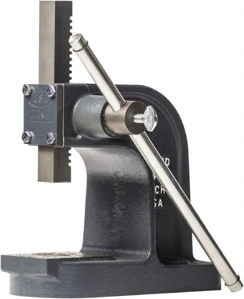 Dake - 1" Ram, 3-1/2" Throat Depth, 1 Ton Manual Arbor Press - 4-1/2" Max Work Height x 7" Max Work Width, Single Leverage, 25:1 Leverage Ratio, 4-1/4" Base Width x 9-1/2" Base Depth - Top Tool & Supply