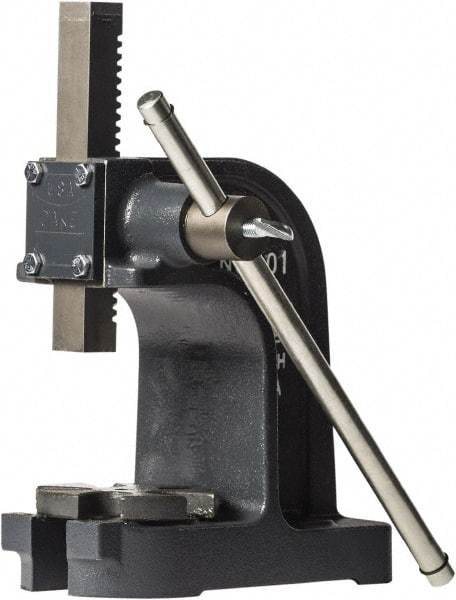 Dake - 1" Ram, 3-1/2" Throat Depth, 1 Ton Manual Arbor Press - 4-1/2" Max Work Height x 7" Max Work Width, Single Leverage, 25:1 Leverage Ratio, 4-1/4" Base Width x 9" Base Depth - Top Tool & Supply