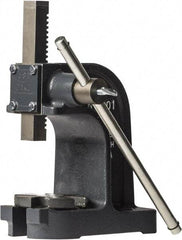 Dake - 1" Ram, 3-1/2" Throat Depth, 1 Ton Manual Arbor Press - 4-1/2" Max Work Height x 7" Max Work Width, Single Leverage, 25:1 Leverage Ratio, 4-1/4" Base Width x 9" Base Depth - Top Tool & Supply