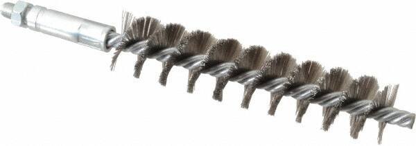 Schaefer Brush - 4" Brush Length, 7/8" Diam, Double Stem, Single Spiral Tube Brush - 6-1/4" Long, Stainless Steel, 1/4-28 Male Connection - Top Tool & Supply