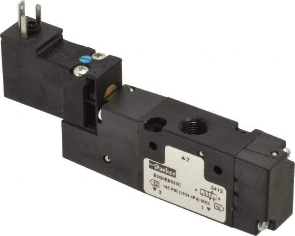 Parker - 1/8", 3-Way Body Ported Stacking Solenoid Valve - 24 VDC, 0.75 CV Rate, Air Return, 2.14" High x 4.2" Long - Top Tool & Supply