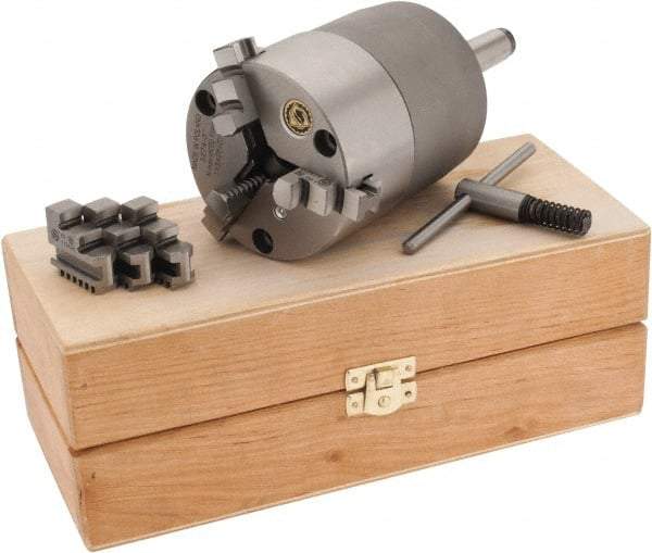 Bison - 3 Jaws, 3" Diam, Self Centering Manual Lathe Chuck - 2MT Mount Spindle, 4,000 Max RPM, 0.98" Through Hole Diam, Cast Iron - Top Tool & Supply