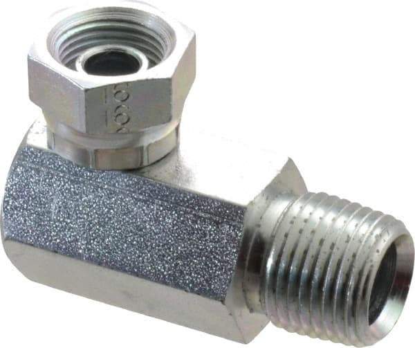 Weatherhead - 1/2-14 Male Thread x 3/8-18 Female Thread, Steel Industrial Pipe 90° Elbow Adapter - FNPSM x MNPT, 2,500 psi - Top Tool & Supply