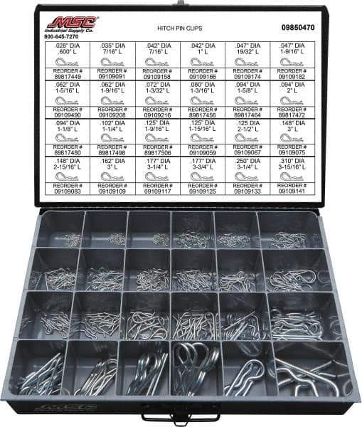 Value Collection - 359 Piece, 1/8 to 1" Pin Diam, Hitch Pin Assortment - 1/16 to 7/8" Long, Spring Wire, Zinc Plated - Top Tool & Supply