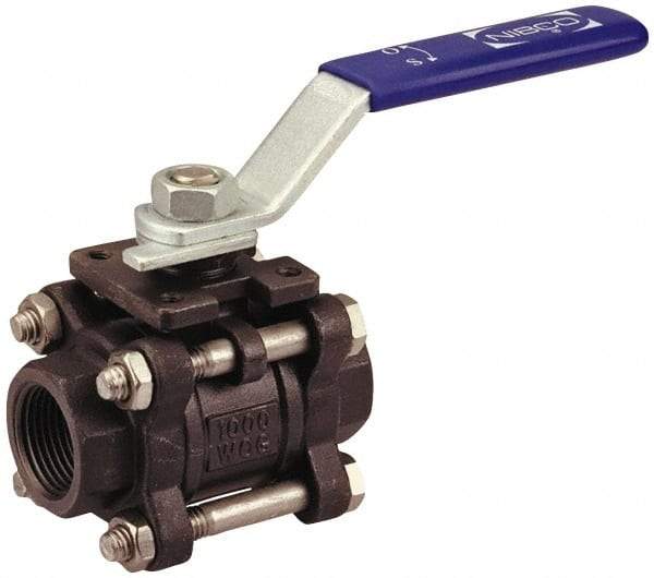 NIBCO - 3/8" Pipe, Full Port, Carbon Steel Standard Ball Valve - 3 Piece, Inline - One Way Flow, FNPT x FNPT Ends, Locking Lever Handle, 1,000 WOG - Top Tool & Supply